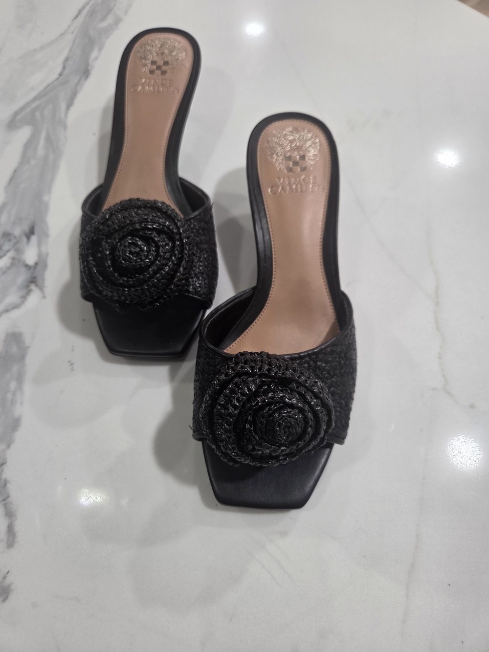 Vince Camuto Black Woven Slide Sandals with Rosette Detail